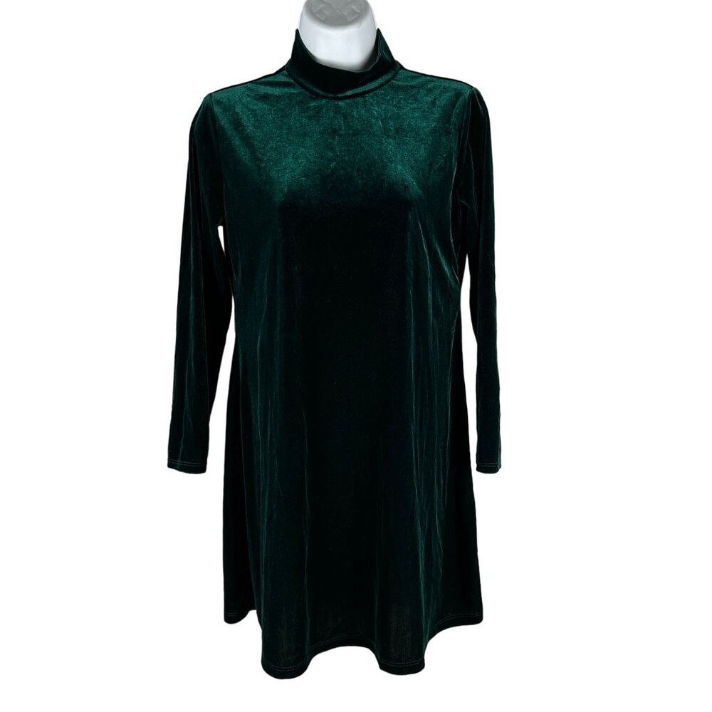 New Moves Green Velvet A-Line Dress With Turtleneck Long Sleeves Size 12.5